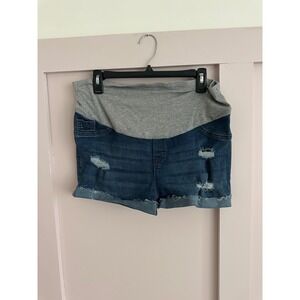 SHEIN Maternity Distressed Denim Shorts Blue Over Belly Ribbed Waistband Large